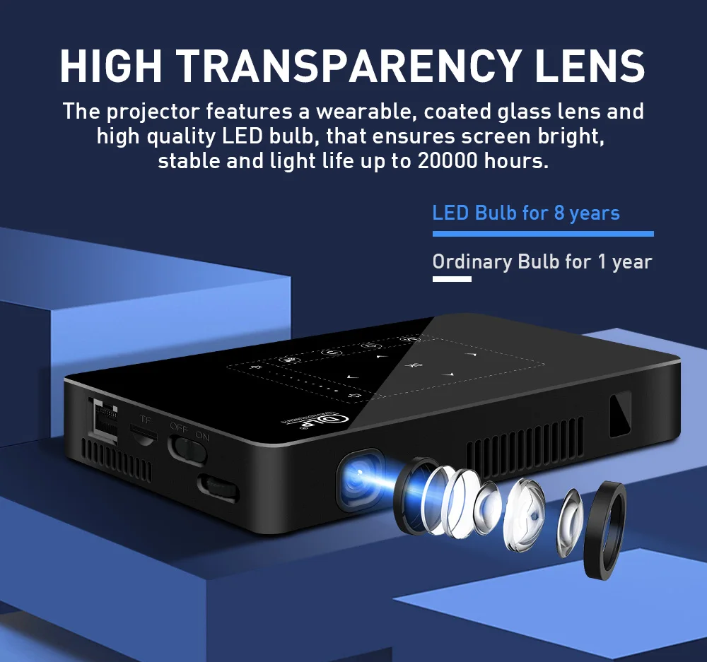 Venta caliente de Flyin P10-II Logotipo personalizado Mini 3D 4K 150 Lumens DLP 9000mAh Proyector Android 9.0 7