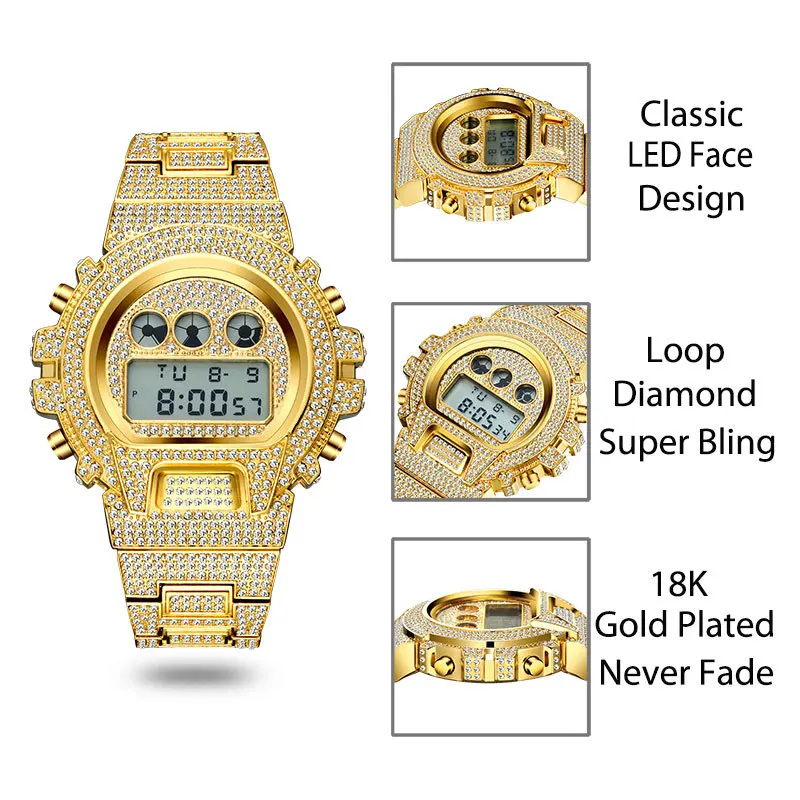 Fancy Bling Diamond LED Digital Watch Alloy Digital Watches For Men Fashion Multifunction Electronic Watch