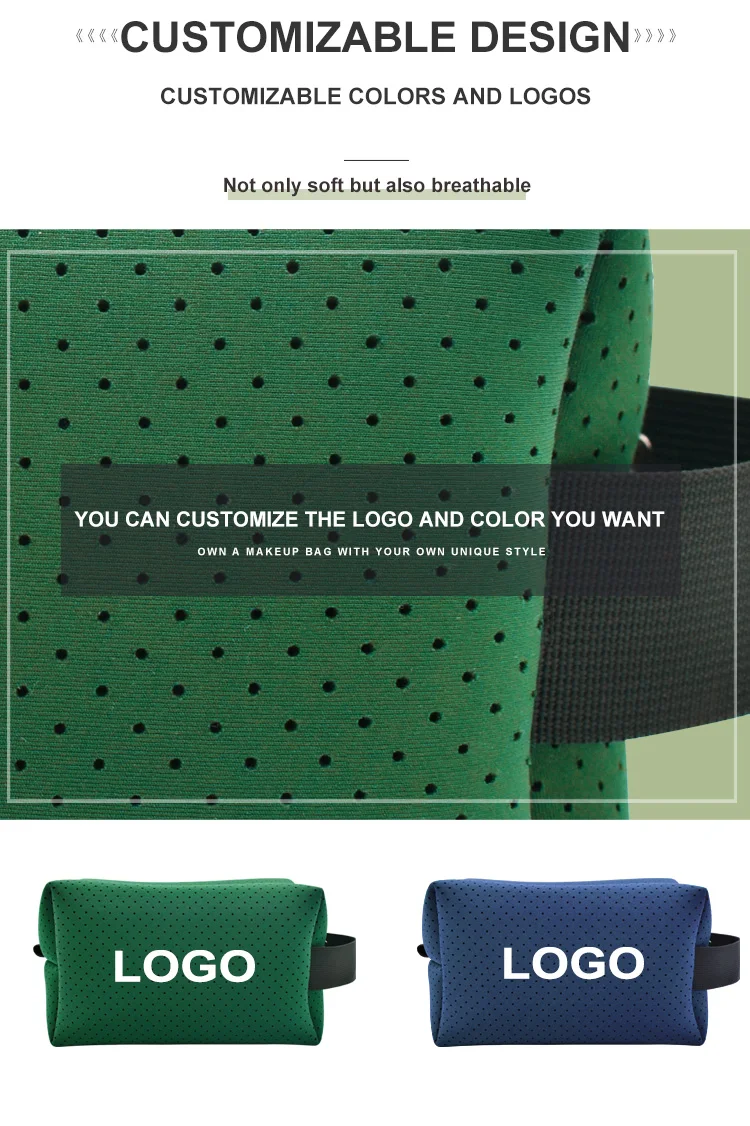 Zipper closure and branding detail on neoprene bag Neoprene cosmetic pouch with zipper detail and brand customization area