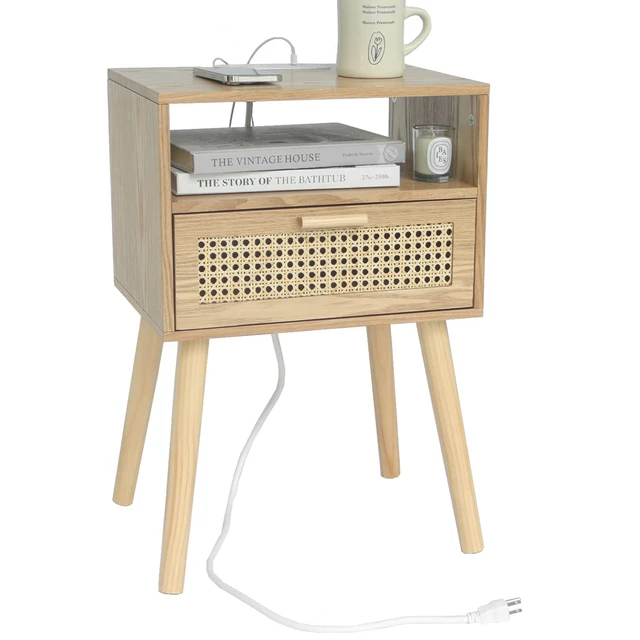 Modern Nightstand with Open Shelf Rattan Side Table With Charging Station and Drawer Wooden End Table with Solid Wood Legs
