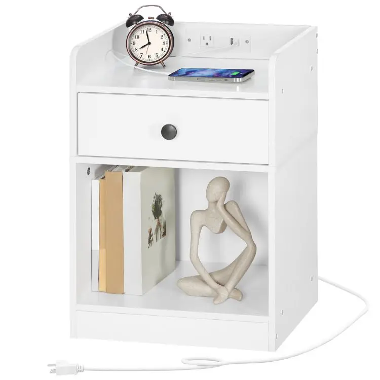 Modern White Wooden 1/2 Drawer Bedside Table Wooden Nightstand Bedside Table With Charging Station And Usb Ports For Bedroom