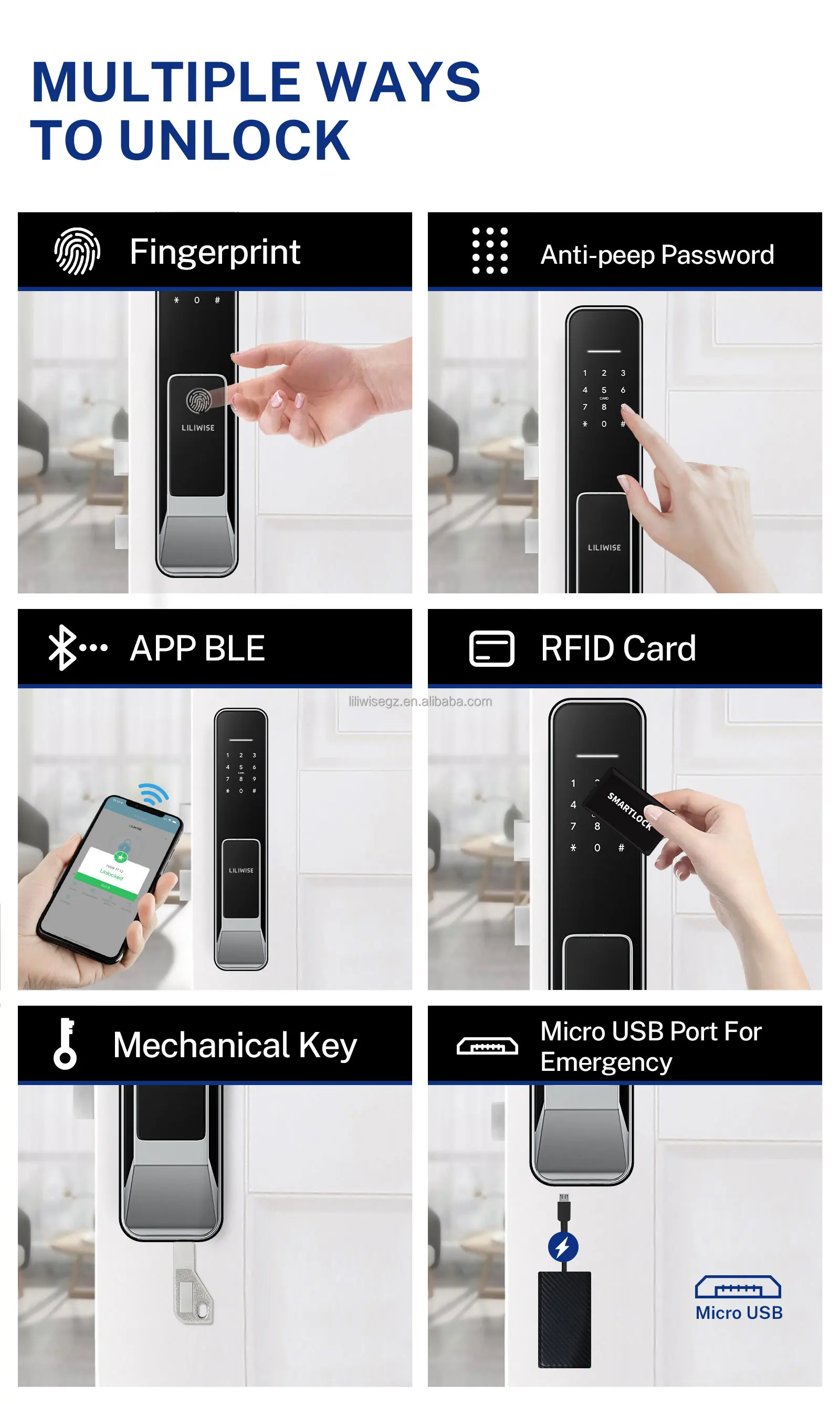 Fully Automatic Smart Door Lock with 4585/5085/6085/5572/6068 Gear Mortise 200 Card Capacity and 150 Password Capacity