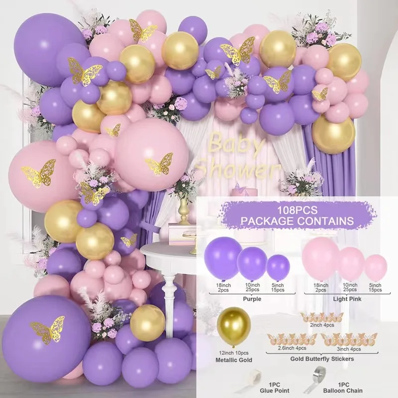 Hot Sale 121Pcs Butterfly Pink and Purple Balloon Garland Set Kids Birthday Party Party Accessories