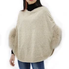 Women Winter New Arrival Women Luxury Winter Fox Fur Trim Knitted Poncho Sweater For Ladies