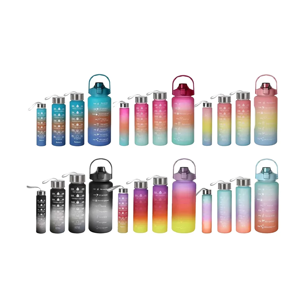 New style 2023 2L gradient color sets 4 in 1 sports bottle water with time marker gym bottle Bpa-free Agua embotellada