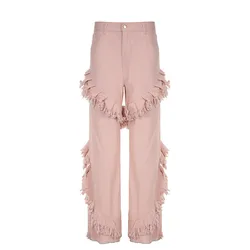High Waisted Baggy Jeans For Women Casual Fashion Tassel Slouchy Jeans Female Street Pink Loose Cargo Pants Woman