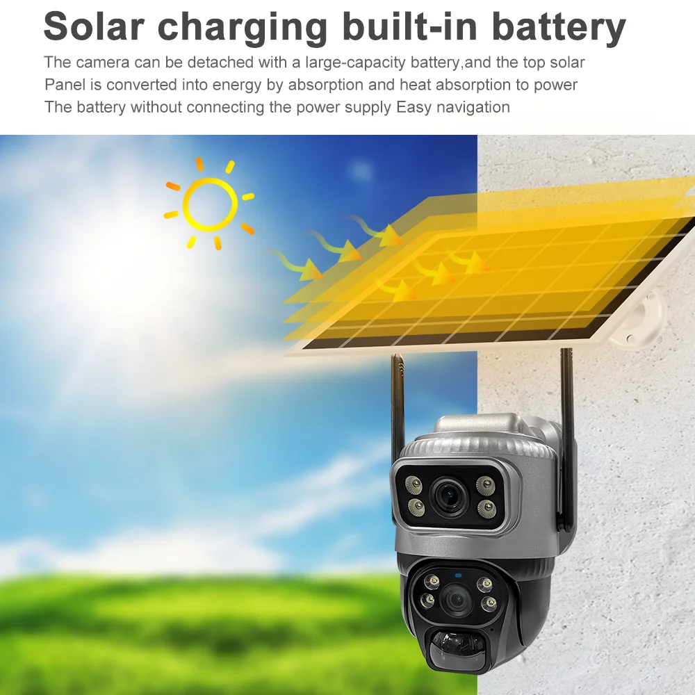 V380 4mp WiFi 4G Solar Dual Lens Ptz Camera Cctv Security Outdoor 4g powered Cameras Wireless Solar Dual Lens 4G solar camera