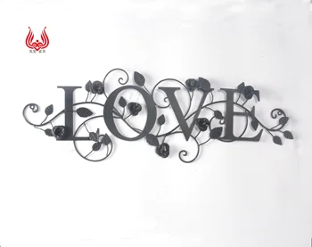 Metal Craftwork Letter Word Love Wall Art with Branch Leaves and Flower for Home Decoration