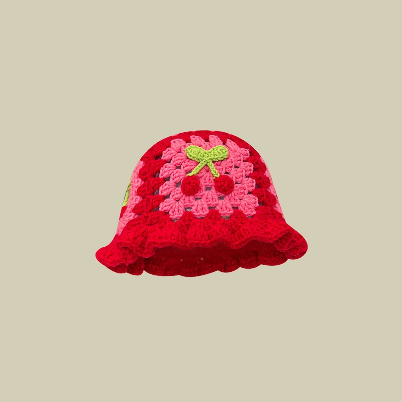 Custom Logo Patch Handmade Hollow Floral Flower Thick Warm Women Wool Crochet Beanie Hats