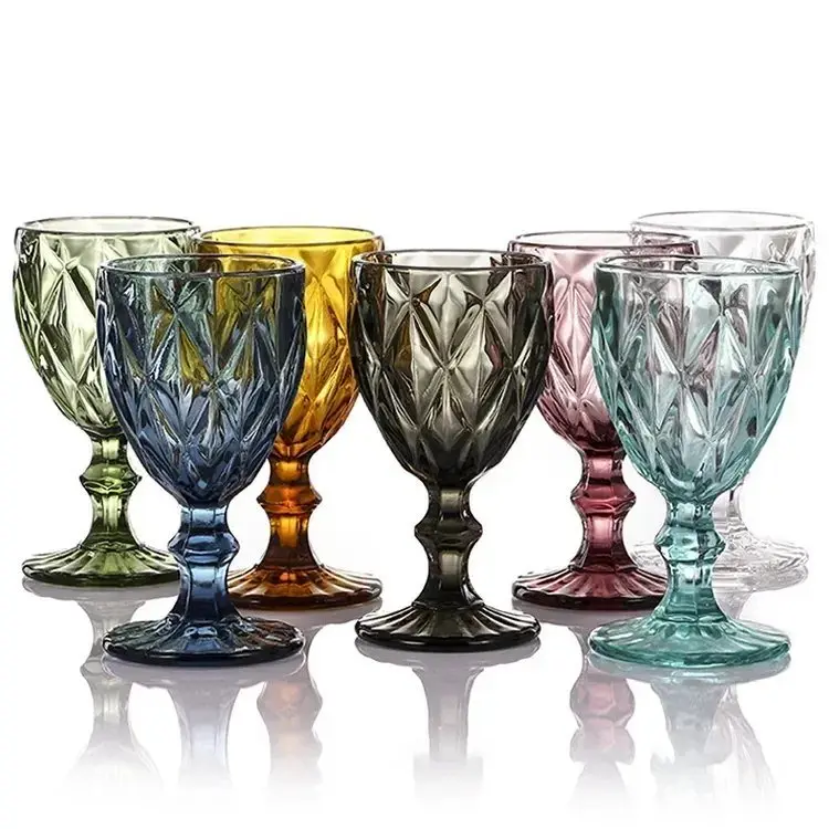 Promotional Drinkware Unique Embossed Pattern High Clear Stemmed Glassware Wedding Party Bar Drinking Cups Diamond Blue