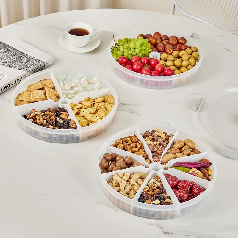 Round Plastic 8 Divided Food Snack Fruit Serving Tray with Lids