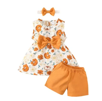 2pcs/set American Summer Cute Princess Dress Girls Clothes Suit Printed Vest Bow Dress Shorts Set For Summer Baby Clothes