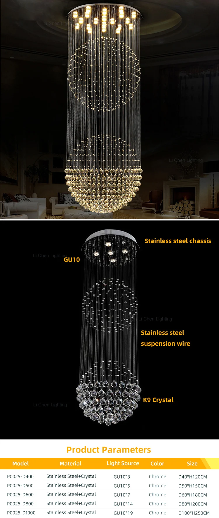 p0025 new design indoor decoration home villa hotel stainless steel luxury crystal staircase chandelier-0