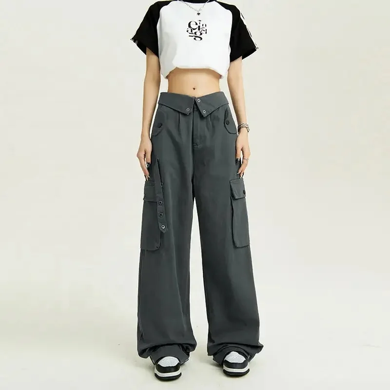 Womens Casual Loose Pants Comfy Cropped Work Pants with Pockets Elastic High Waist Paper Bag Pants