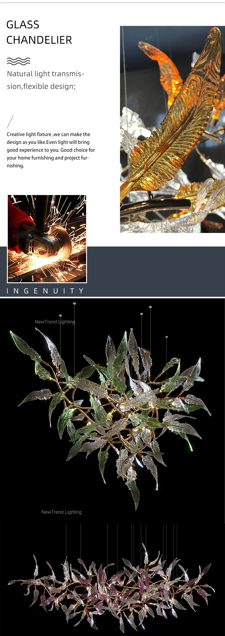 CPL-337 Modern Style Indoor Decoration Lamp Glass Leaf Led Chandelier Pendant Light details