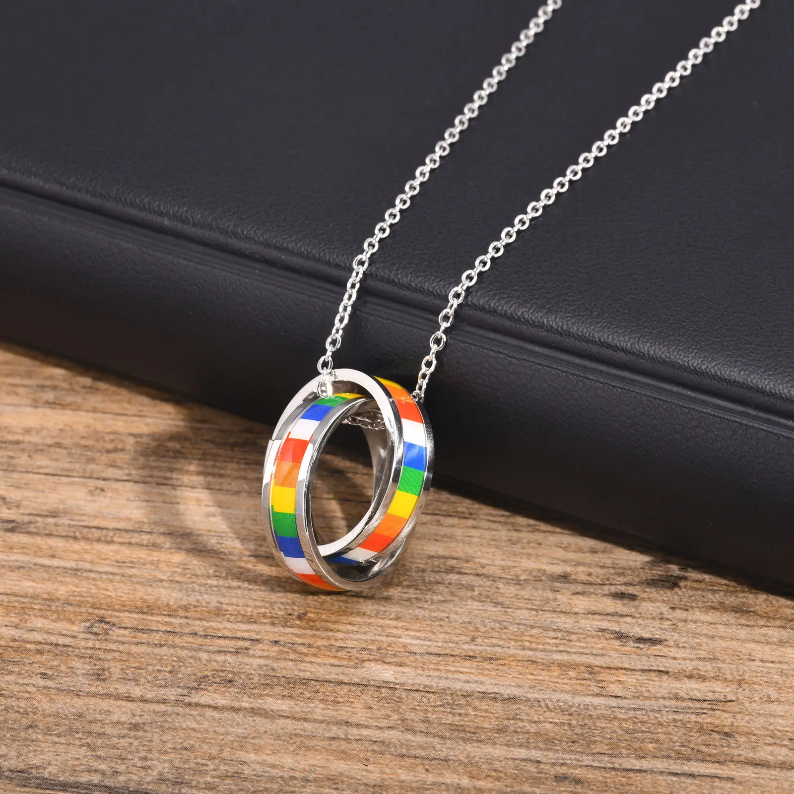 LGBT Jewelry Gay Pride Rainbow Jewellery Gay Lesbian Necklace Double Ring Rainbow Pendant 316L Stainless Steel Rainbow Necklaces