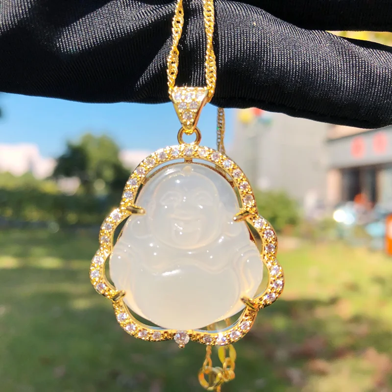 Jade Diamond Buddha Pendant Necklace 