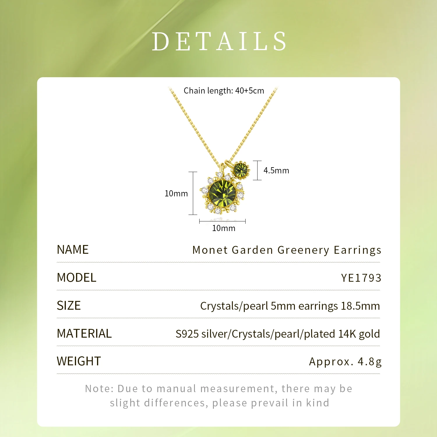 CDE YN1106 Fine 925 Sterling Silver Jewelry Green Crystal Necklace Wholesale 18K Gold Plated Chain Women Pendant Necklace