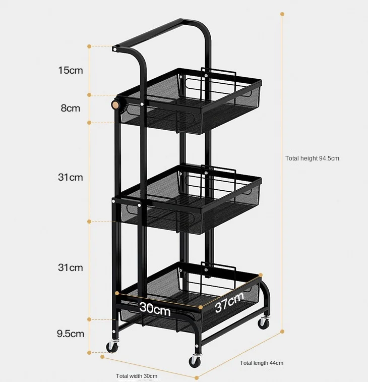 Folding Metal Utility 3-tier Kitchen Rolling Storage Rack Household Trolley Cart With Wine Basket