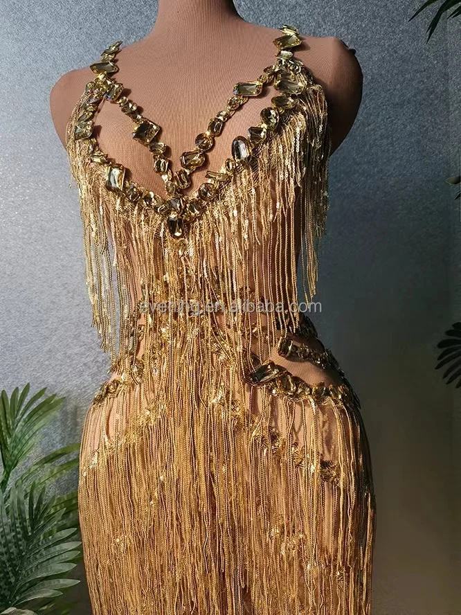 Monos Sparkly Gold Tassel Sequins Cut Out Rompers Women One Piece