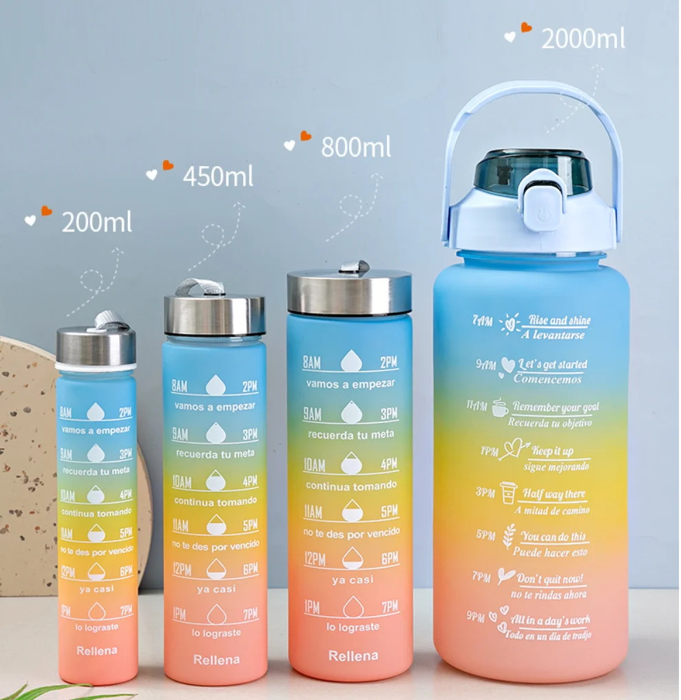 Wholesale 4pcs set 2000ml 800ml 450ml 200ml gradient Plastic water bottle portable frosted 2L Botella de agua de plastico