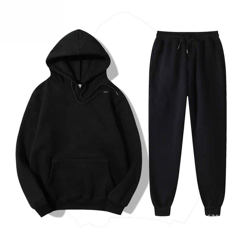 Unisex Solid Color Customize Logo Hoodies Set 2pcs Big Pockets Leisure Comfortable High Quality Hoodie And Jogging Pants Set