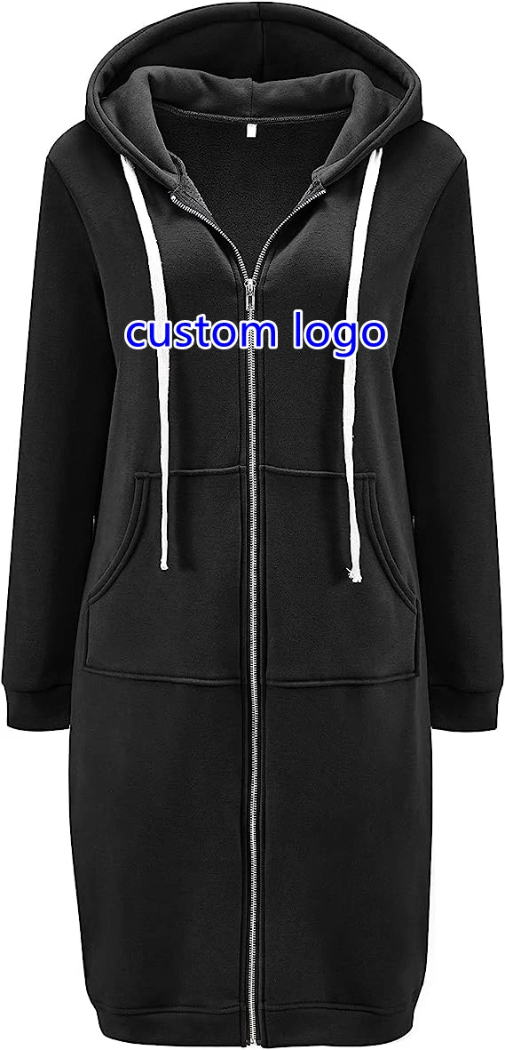 Custom Full Zip up Long Tunic Sweatshirts  Winter Fleece Jacket Women's Long Hoodies