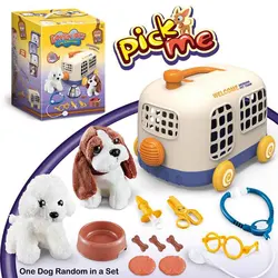Pet game hospital playset oem design dog plush stuffed animal toys doll with cage