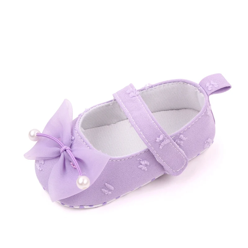 New Solid Color Pearl Yarn Bow Soft Soled Non-slip Princess Toddler Shoes for Baby Girls factory