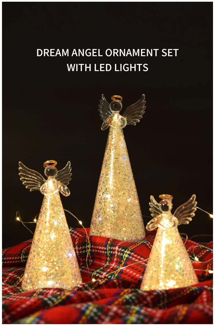 Led lighted glitter hand blown glass angel with led lights for Christmas decor details