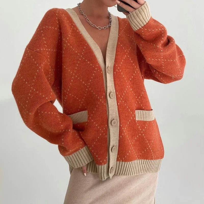 V-neck Sweater Leisure Rhombus Tops 