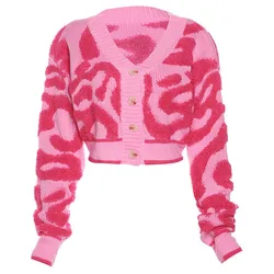 Knit Pink Sweet Cardigan Women Autumn Button Sweater Casual Long Sleeve Warm Lady Streetwear Tops
