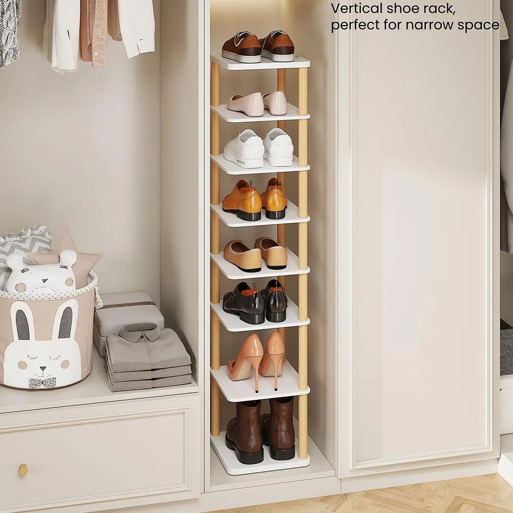 8-Tier Vertical Shoe Rack Modern Design Tall Narrow Freestanding Wooden Shoe Organizer for Entryway Closet Living Room Furniture details