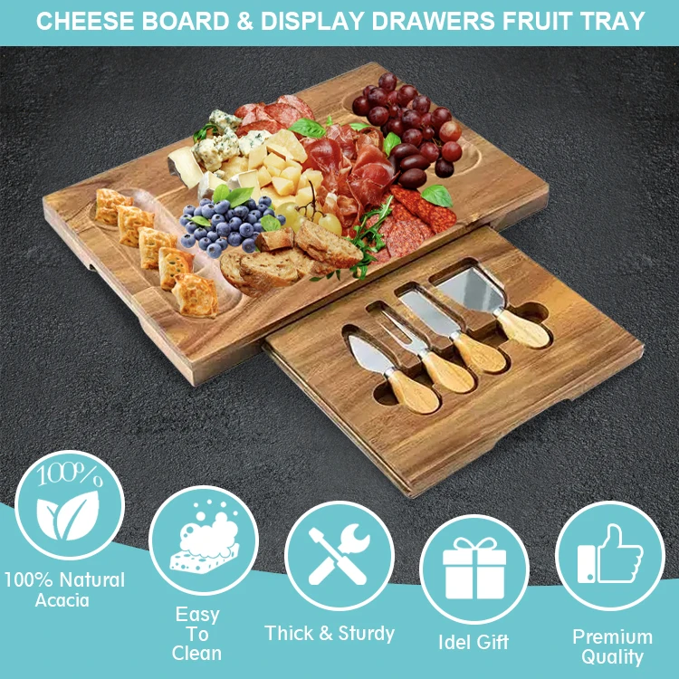 Wholesale Acacia Wood Cheese Board Set With Two Grooves And Knives