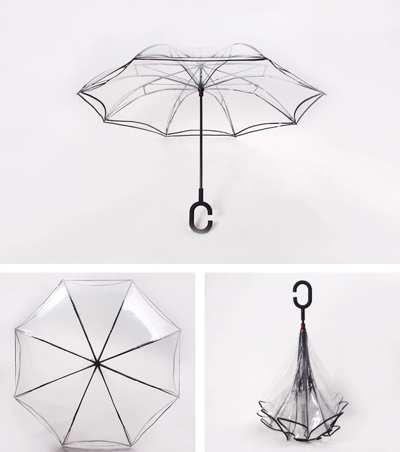 DD1262  Women No-hold Sun Rain Reversal Umbrella Double Layer Anti UV Self Stand Flip Straight PVC Transparent Reverse Umbrella