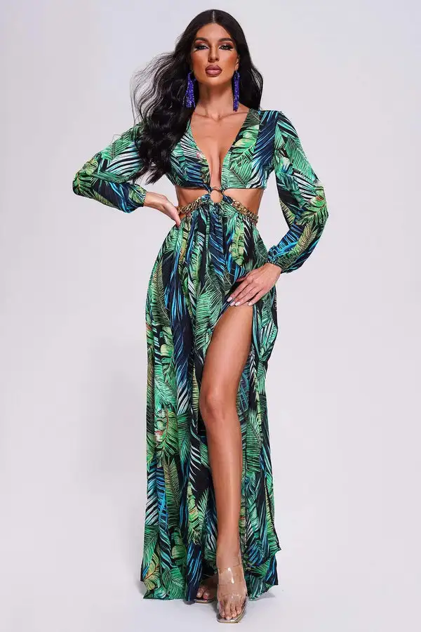 Beishi V Neck High Silt Long Sleeve Sexy Loose Tropical Print Maxi