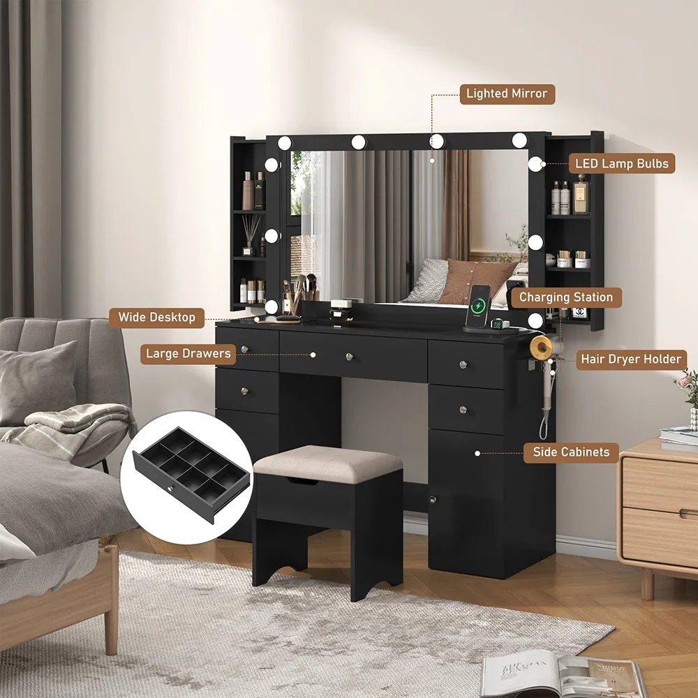Luxury Makeup Vanity Set Lighted Mirror Quick Charging Socket Tempered-Glass Top Dressing Table Bedroom Furniture Storage factory