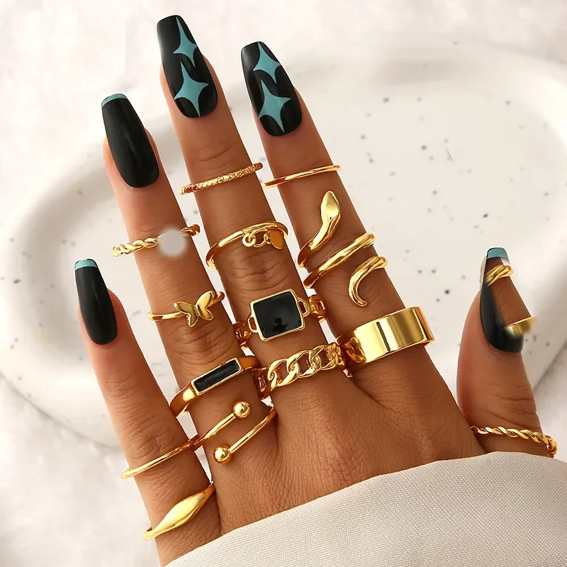 Fashion Gold Moon Snake Ring Vintage Punk Black Heart Butterfly Rings Set For Women Accessories