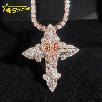 Hip Hop Jewelry Iced Out Custom Mens Pendant 925 Sterling Silver VVS Moissanite Diamond Rose Gold Cross Pendant