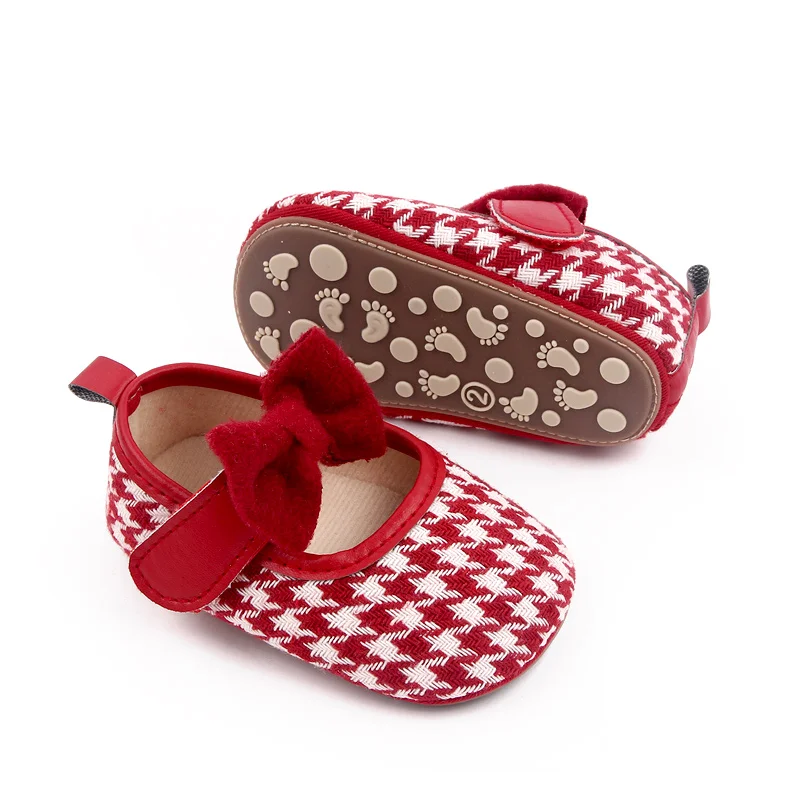 Plush Large Bow Thousand-bird Plaid Vintage Princess Soft-soled Toddler Shoes for Baby Girls details