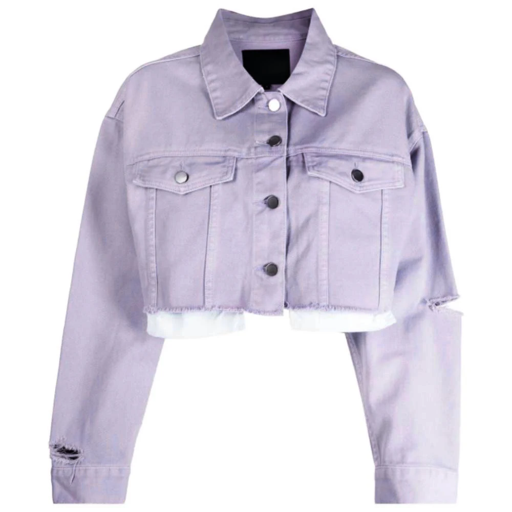 New Design Short Ripped Denim Jacket Stylish Washed Outerwear Casual Fitted Pink Purple Women Jeans Jacket manufacture