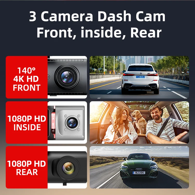 4k Dash Cam with Wifi Gps Car Dvr 3 Camera 4k+1080P+1080P Dash Cam 3 Channel 64Gb Black Box F1.8 with 3 Inches LCD for Agent details