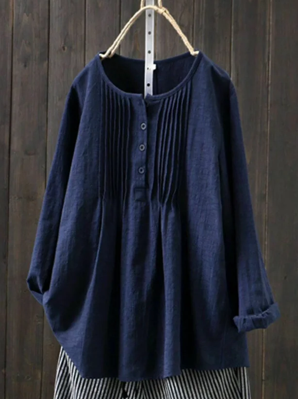 Our Own Design Round Neck Button Striped Linen Cotton Loose Daily Tops