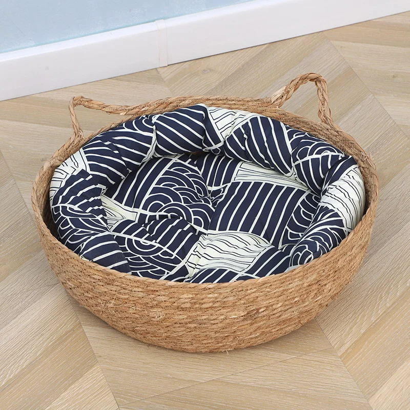 HUAYI  Four seasons  cotton and grass woven pet baskets for pet accessories handwoven  grass Weaving Cat Bed with Cushions