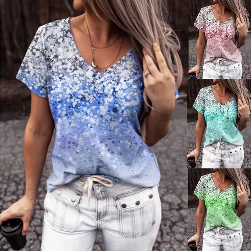 Trending products 2023 new arrivals women's gradual t-shirts digital print v-neck short sleeve t-shirt