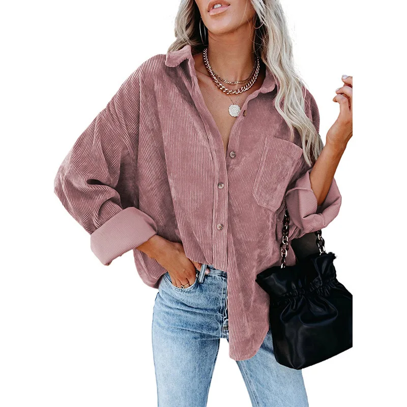 Women's Corduroy Casual Loose Pocket Long Sleeve Jacket and Coat Quick Dry for Winter with down Filling