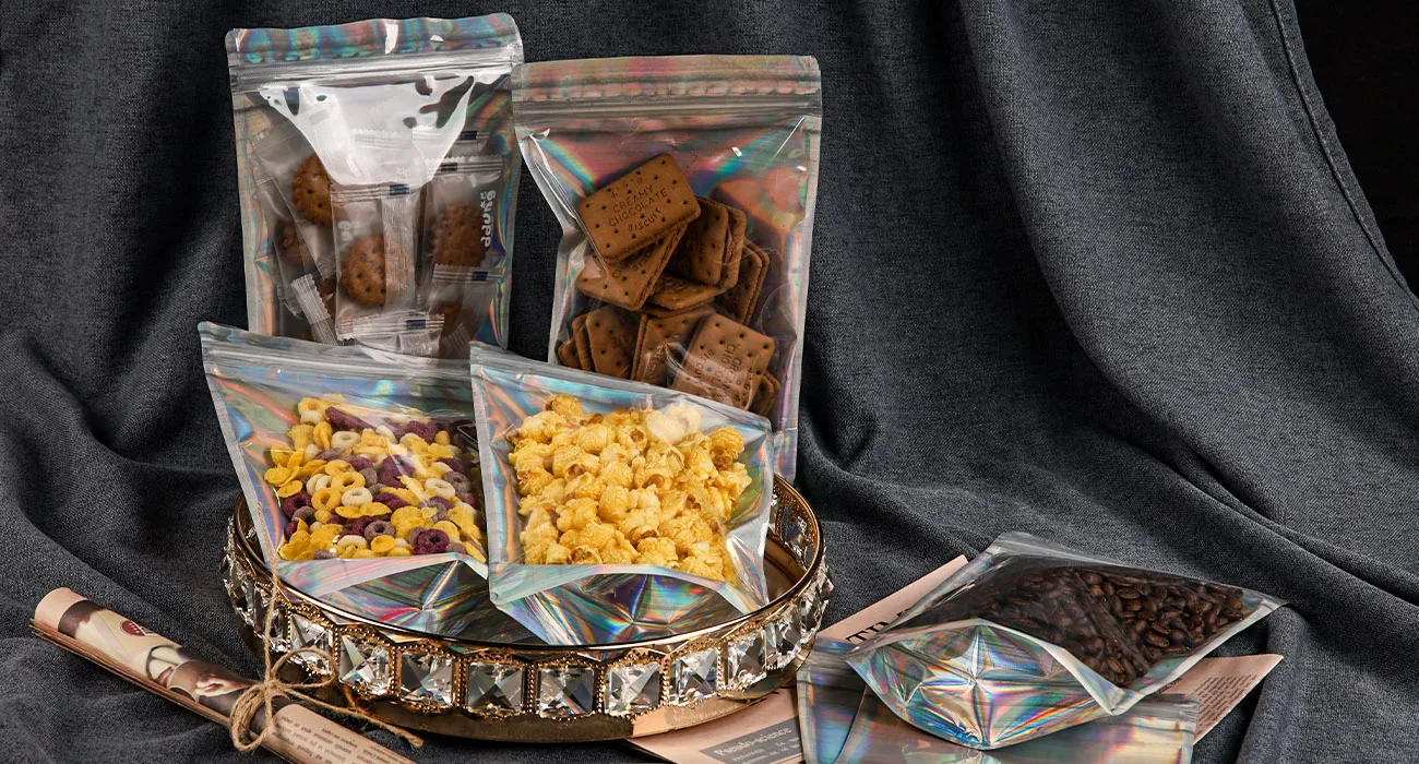 Clear Front Foil Back Iridescent Food Zip Lock Bags Resealable Holographic Stand Up Pouches Smell Proof Mylar Bags 3
