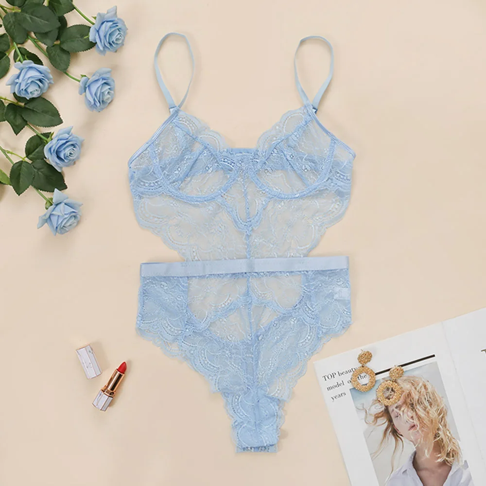 Blue Teddy Bodysuit Sexy Lingerie Women Lace One Piece Nude Sexy