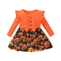 Halloween Hot Selling Pumpkin Demon Autumn Girls' Round Neck Long Sleeve Wooden Ear Shoulder Fluffy Princess Dress girls dresses