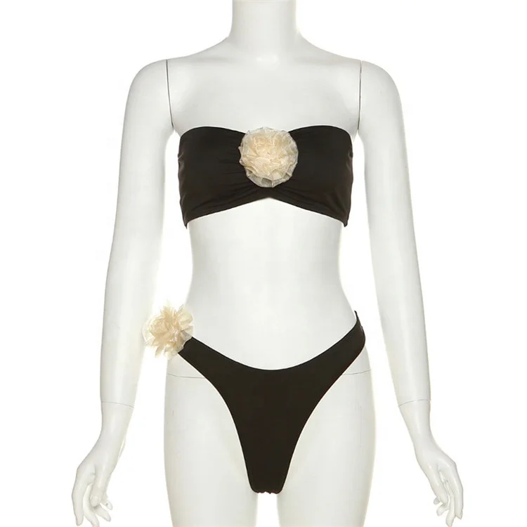 Flowers Two Piece Set Beach Wear for Women Sexy Bandage Bra Top Underpants Female Swimsuits